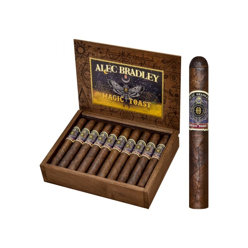 Alec Bradley Magic Toast Toro einzelne Zigarre und offene Kiste im Hintergrund Alec Bradley Magic Toast Toro einzelne Zigarre und offene Kiste im Hintergrund