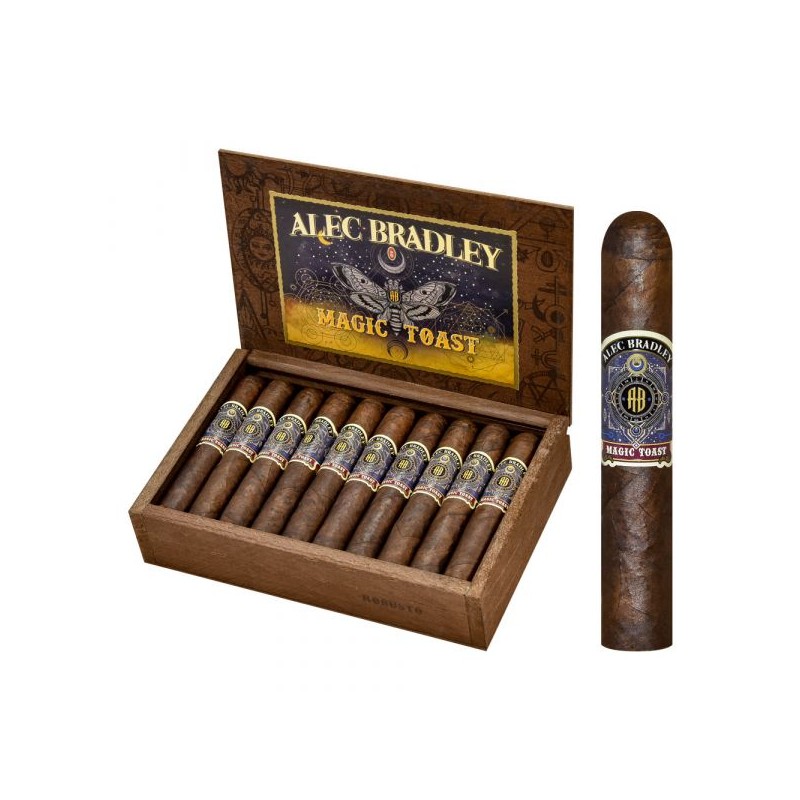 Alec Bradley Magic Toast Robusto einzelne Zigarre und offene Kiste im Hintergrund Alec Bradley Magic Toast Robusto einzelne Zigarre und offene Kiste im Hintergrund