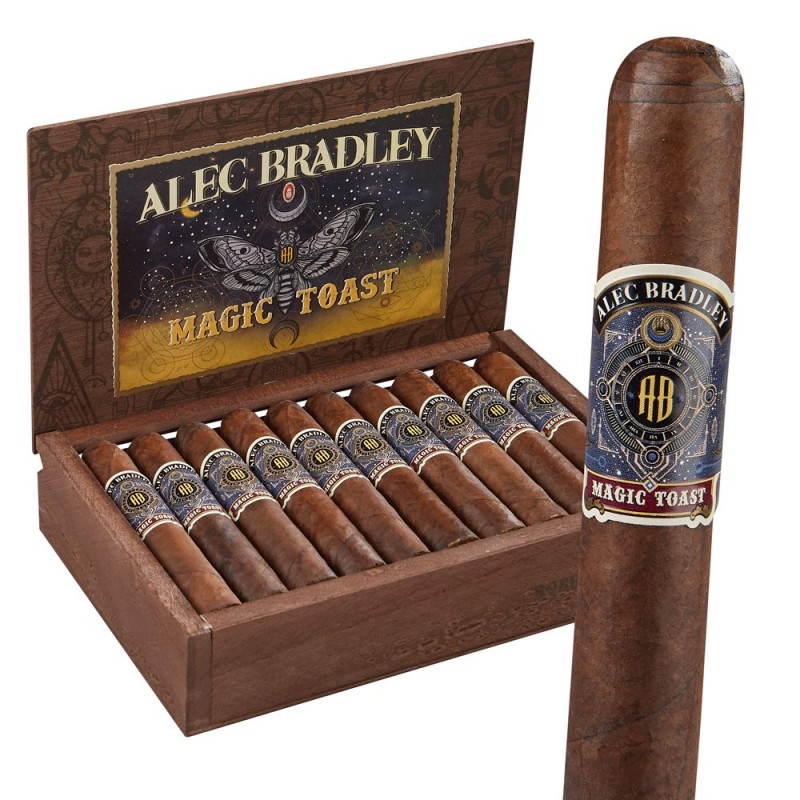 Alec Bradley Magic Toast Gordo einzelne Zigarre und Kiste im Hintergrund